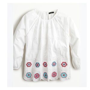 New J. Crew Embroidery Floral Eyelet Blouse Size Small White Long Sleeve Relaxed